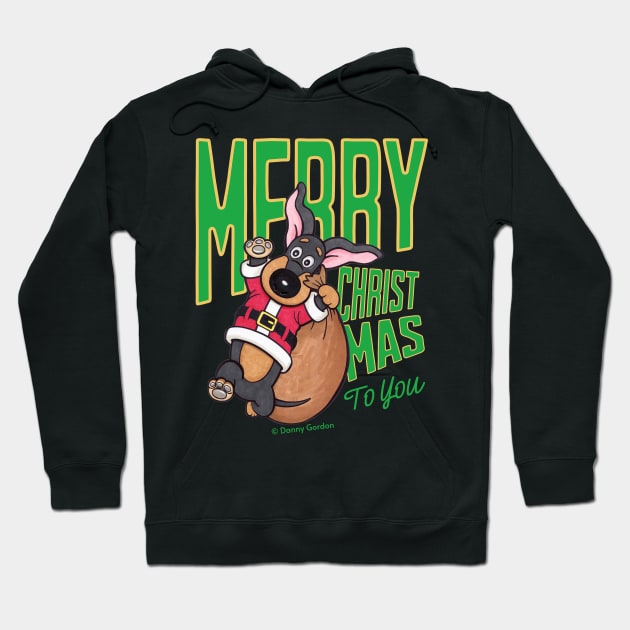 Cute Funny Doxie Dog having a Merry Christmas  on dachshund  Santa tee Hoodie by Danny Gordon Art